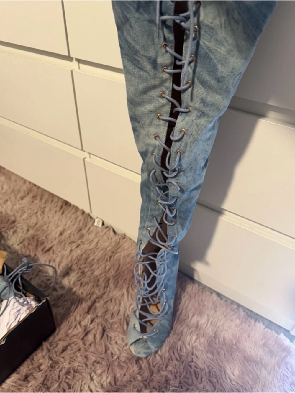 Fashion Nova Denim-Style Light Blue Lace-Up Over-the-Knee Heel Boots - Picture 4 of 8